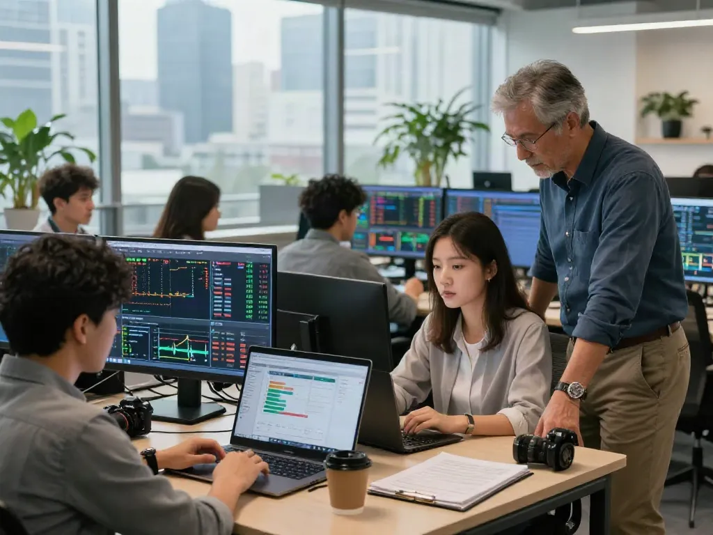 Scène de trading dynamique chez la-essorinvexaro.com avec des traders au travail dans un bureau moderne.