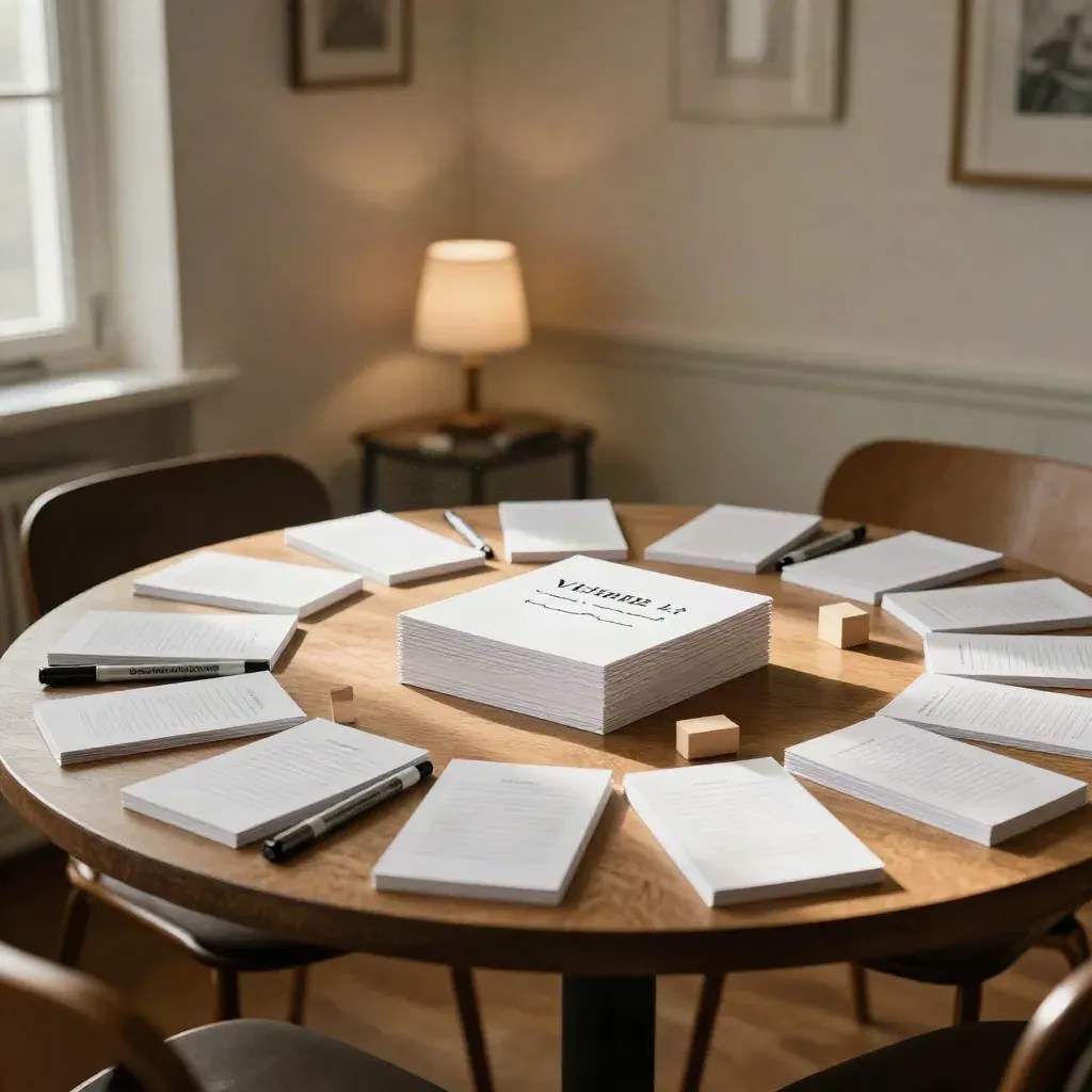 Table ronde d’atelier avec cartes blanches, feutres et blocs de bois, après la séance