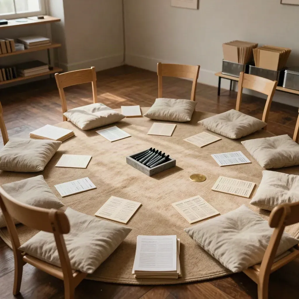 Salle d’atelier prête avec cercle de chaises, cartes et matériel ordonnés.