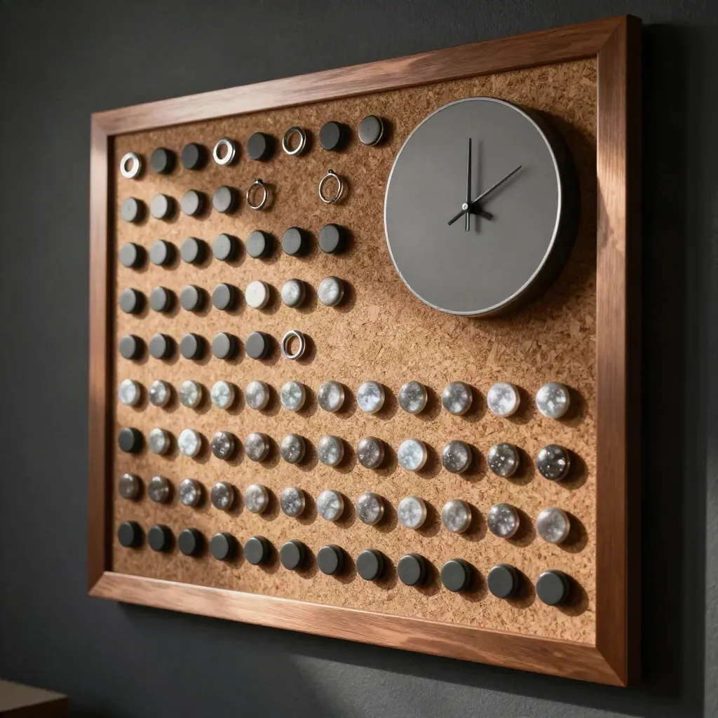 Tableau d’habitudes analogique en bois sombre, magnets argentés, galets de suivi et horloge muette.