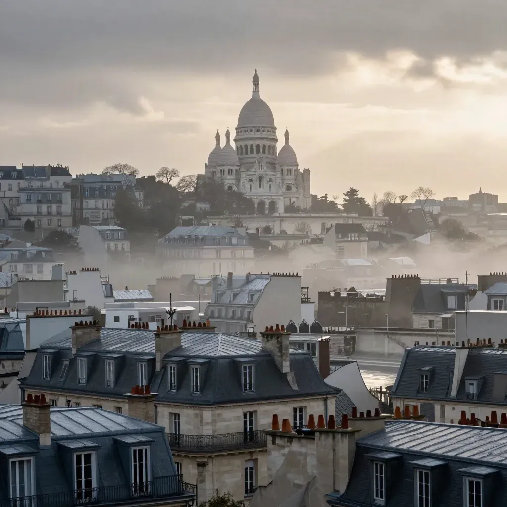 Paris au lever du jour, Sacré-Cœur haut, toits brumeux et Seine lointaine