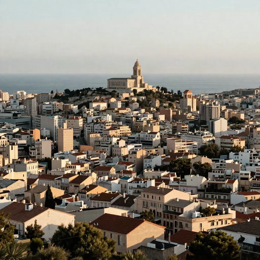 Marseille vue d’en haut au lever doré, Notre-Dame-de-la-Garde et la mer calme en contrebas.